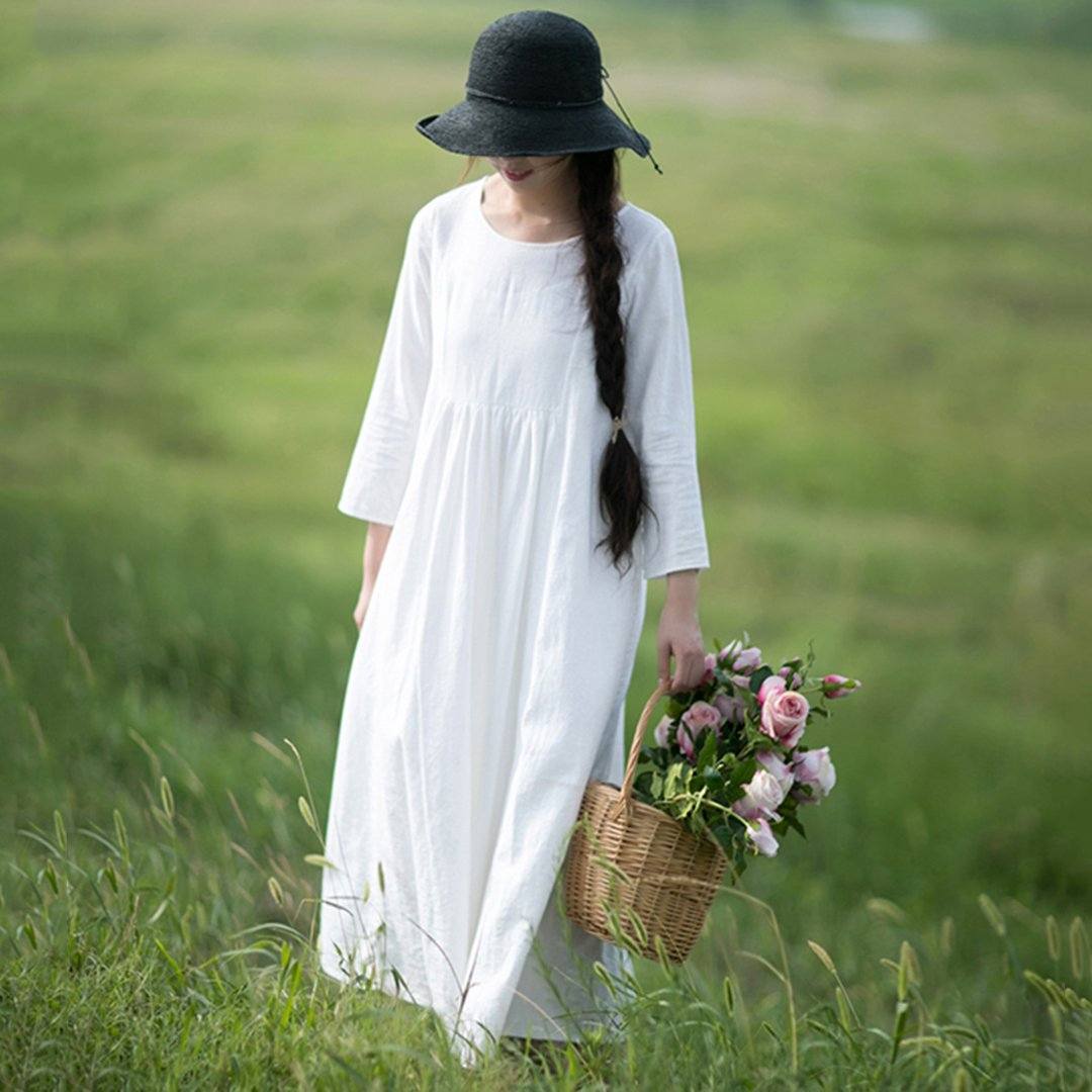 Rural Style Fashion White Linen Long Sleeve Dress