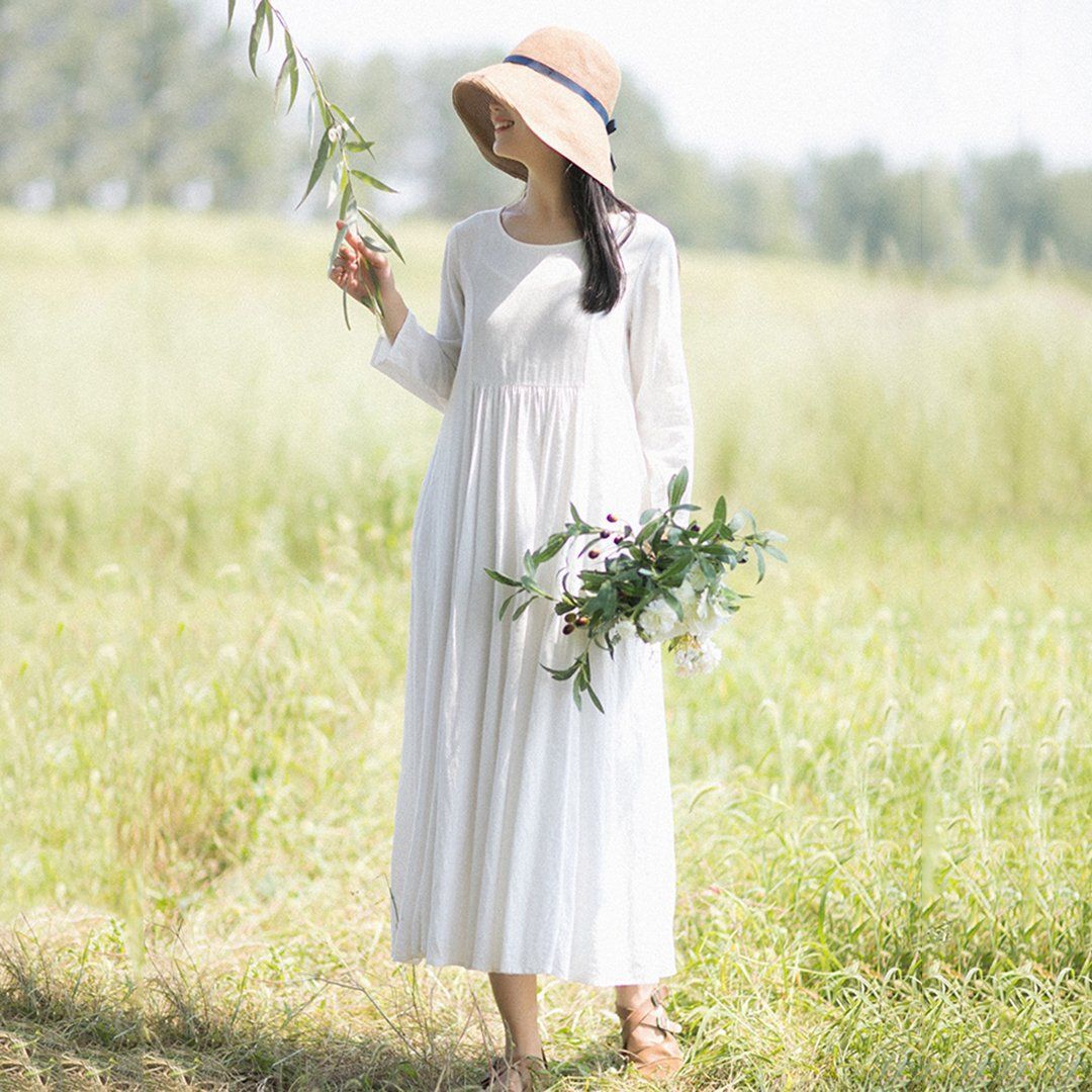 Rural Style Fashion White Linen Long Sleeve Dress