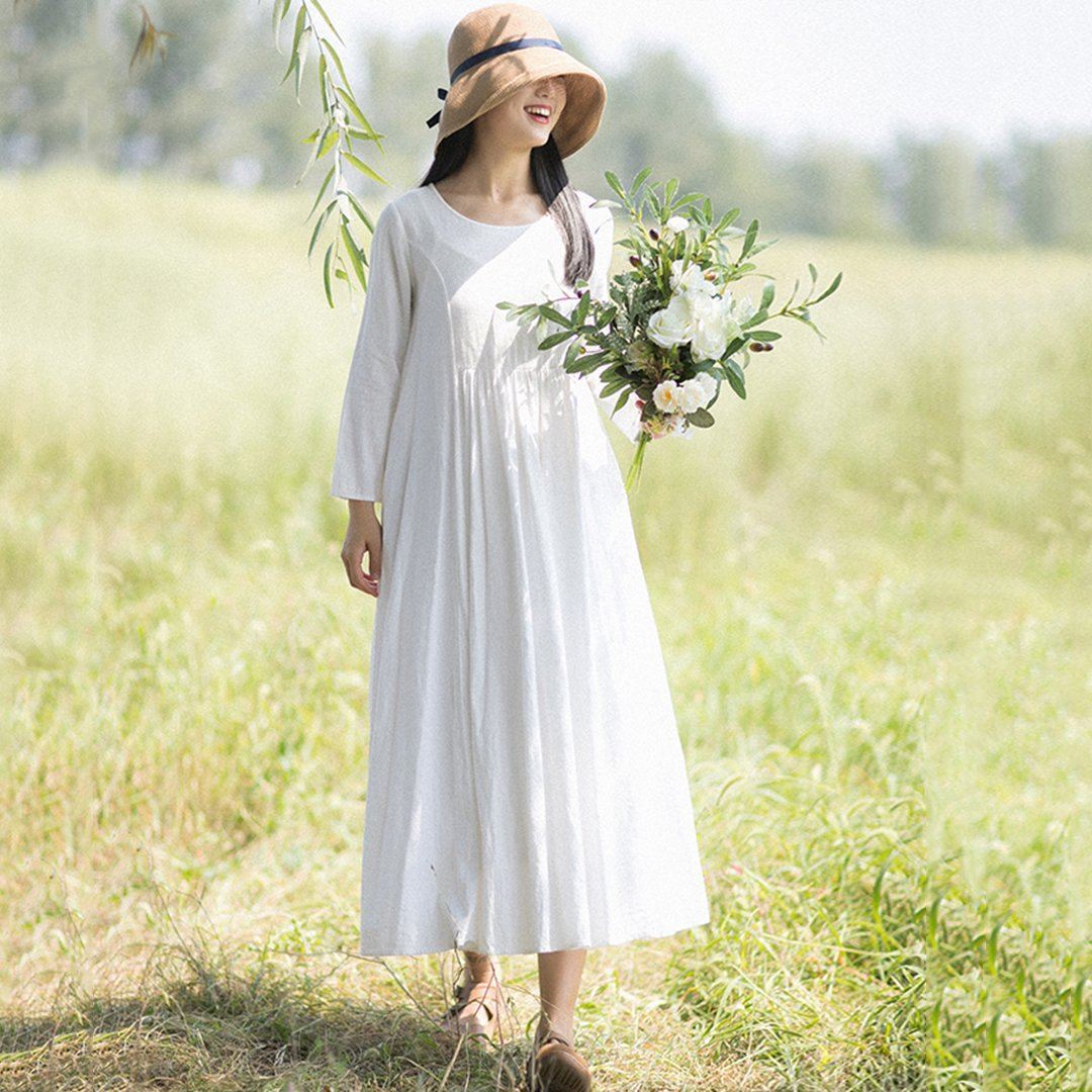 Rural Style Fashion White Linen Long Sleeve Dress