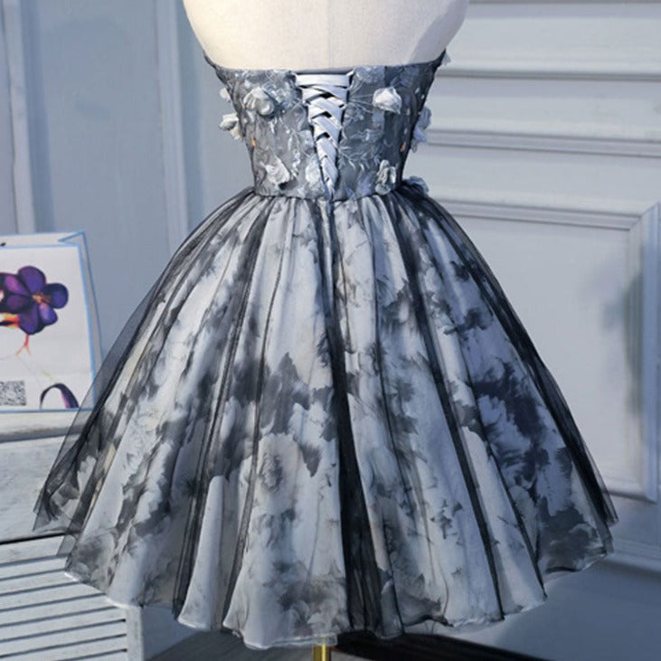 Vestido de fiesta corto de tul de encaje negro con flores en 3D, lindo vestido de fiesta