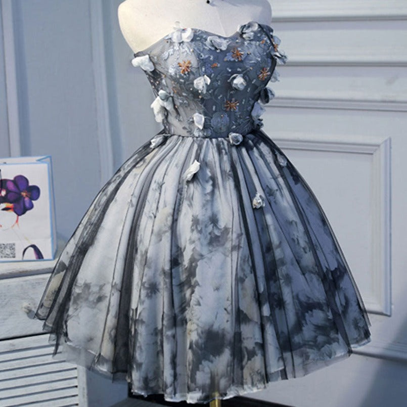 Vestido de fiesta corto de tul de encaje negro con flores en 3D, lindo vestido de fiesta