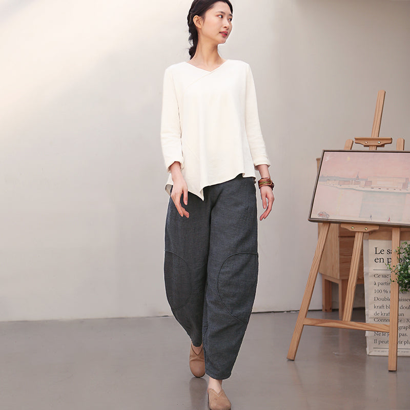 Black Women Casual Linen Cotton Wide Leg Pants BZ981106