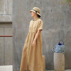 Khaki Linen Casual Summer Dresses Buttons Shirt Dress Maxi Women Dresses Z972911