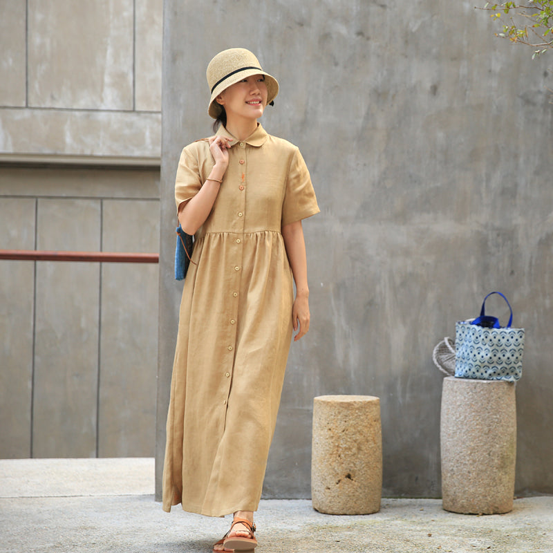 Khaki Linen Casual Summer Dresses Buttons Shirt Dress Maxi Women Dresses Z972911