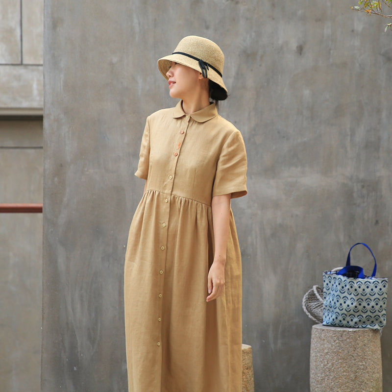 Khaki Linen Casual Summer Dresses Buttons Shirt Dress Maxi Women Dresses Z972911