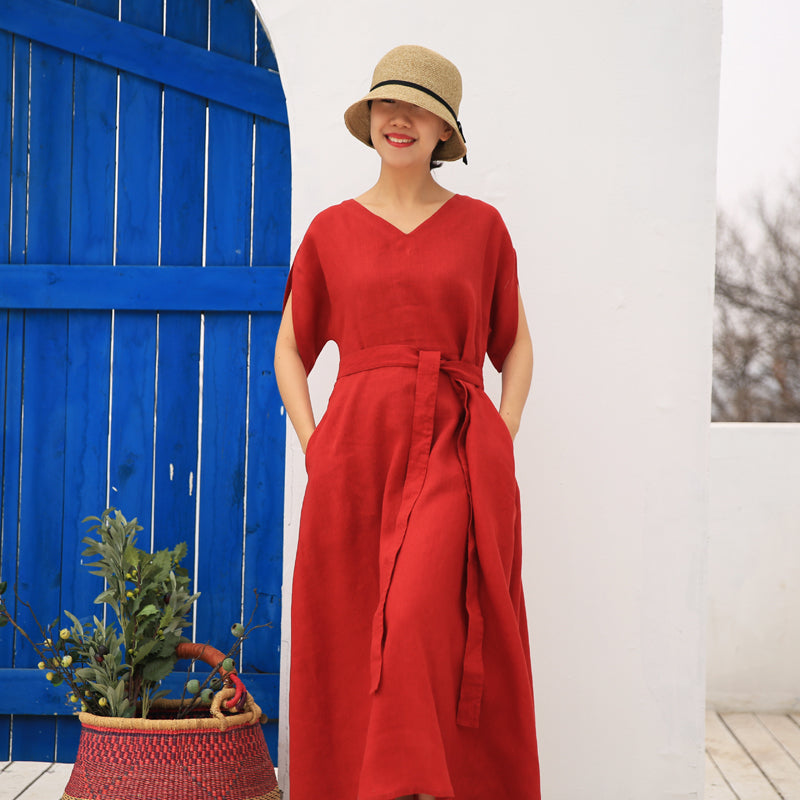 Red linen Women Dresses Casual Summer Maxi Wedding Dress Long Women Linen Dresses 21571