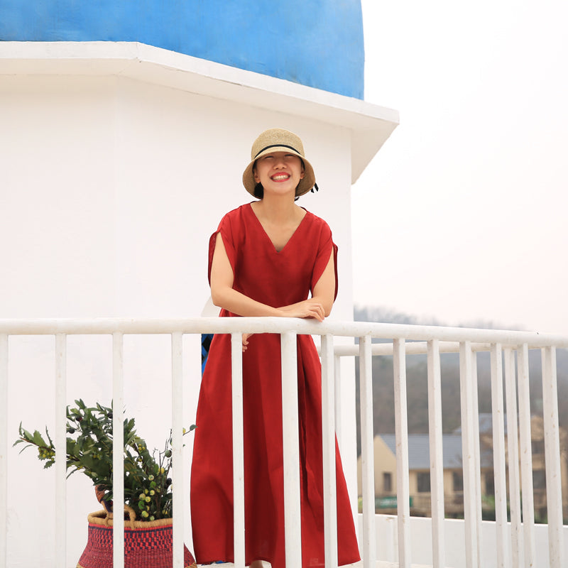 Red linen Women Dresses Casual Summer Maxi Wedding Dress Long Women Linen Dresses 21571