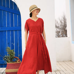 Red linen Women Dresses Casual Summer Maxi Wedding Dress Long Women Linen Dresses 21571