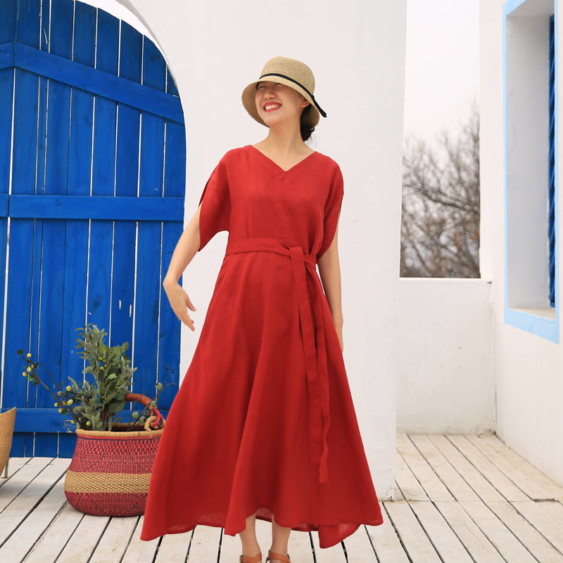 Red linen Women Dresses Casual Summer Maxi Wedding Dress Long Women Linen Dresses 21571