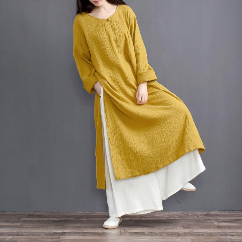 Split Collar Loose Linen Shirt Dress