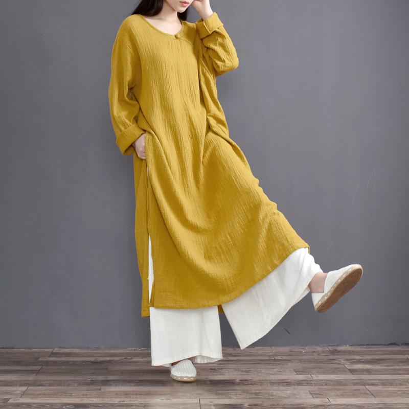 Split Collar Loose Linen Shirt Dress