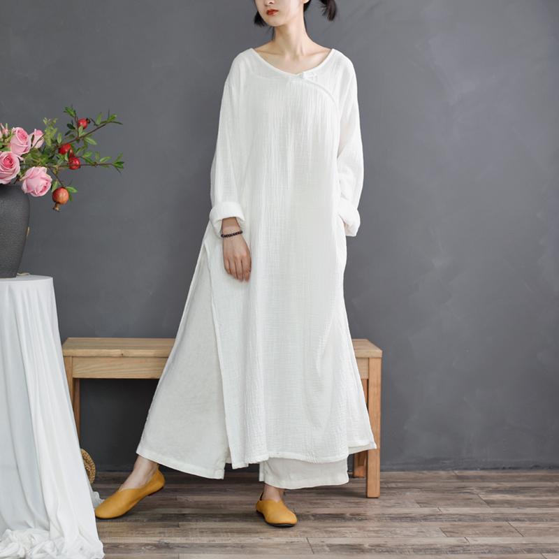 Split Collar Loose Linen Shirt Dress