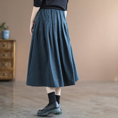 Spring A-Line Cotton Linen Retro Plaid Skirt