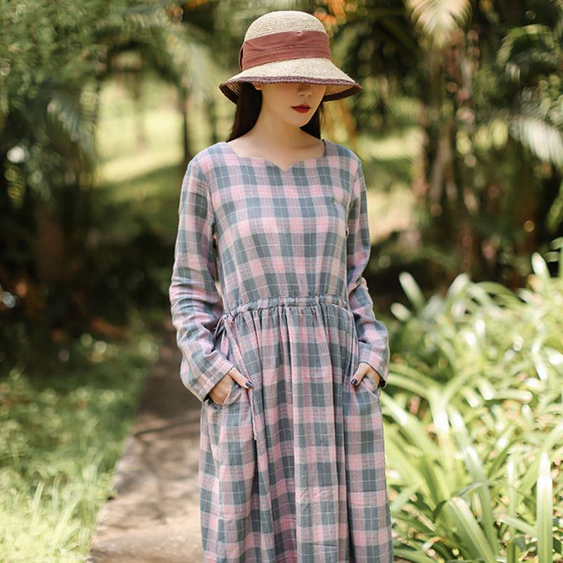 Spring Autumn A-Line Plaid Long Sleeve Lacing Waist Dress