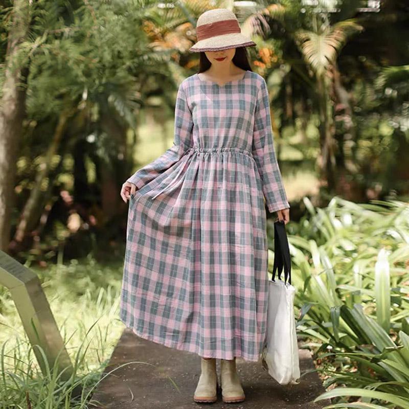 Spring Autumn A-Line Plaid Long Sleeve Lacing Waist Dress