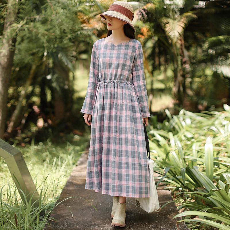 Spring Autumn A-Line Plaid Long Sleeve Lacing Waist Dress