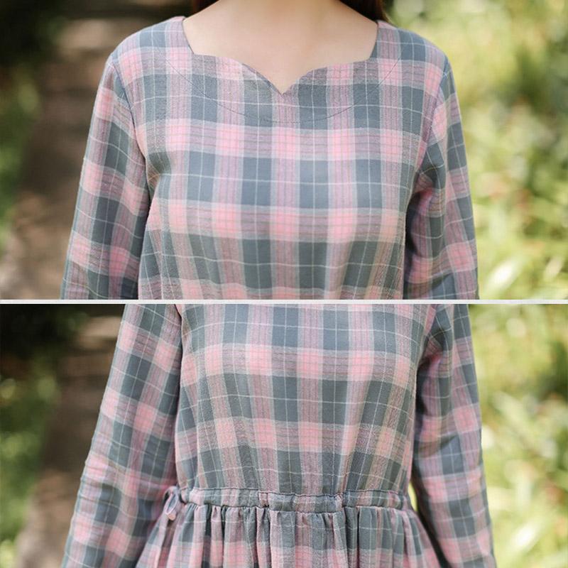 Spring Autumn A-Line Plaid Long Sleeve Lacing Waist Dress