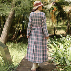 Spring Autumn A-Line Plaid Long Sleeve Lacing Waist Dress