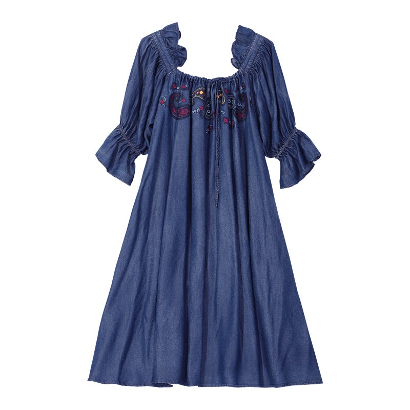 Frühlings-Herbst-Lose Denim-Stickerei-Midikleid