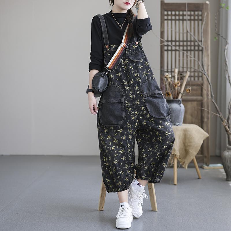 Spring Autumn Plus Size Casual Floral Cotton Denim Jumpsuit