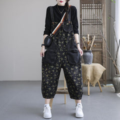 Spring Autumn Plus Size Casual Floral Cotton Denim Jumpsuit