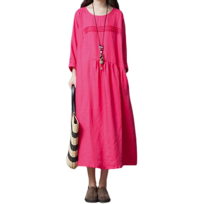 Spring Autumn Retro Round Neck Loose Casual Dress