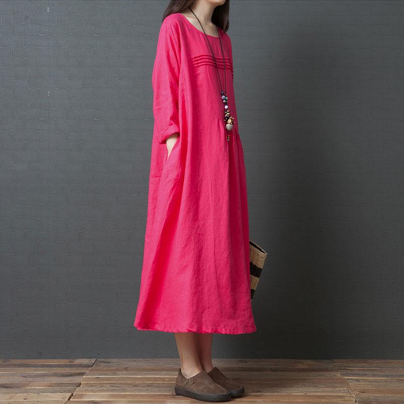 Spring Autumn Retro Round Neck Loose Casual Dress