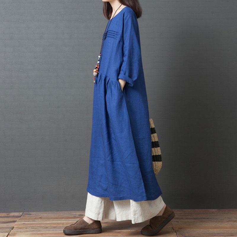 Spring Autumn Retro Round Neck Loose Casual Dress