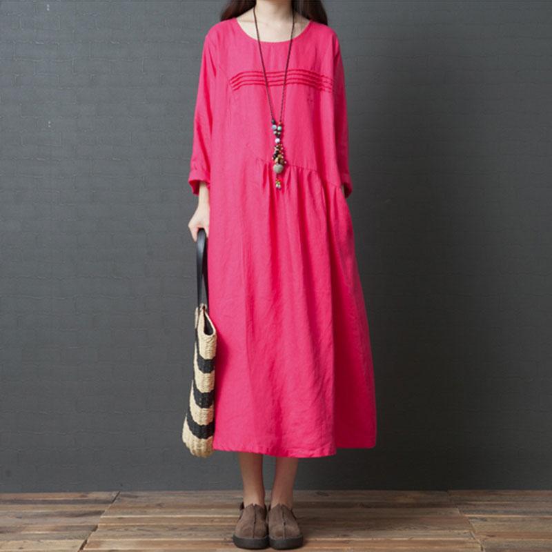 Spring Autumn Retro Round Neck Loose Casual Dress