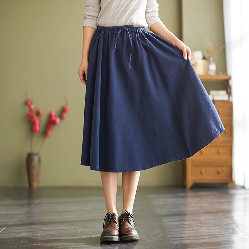 Spring Autumn Retro Solid Casual Loose A-Line Skirt