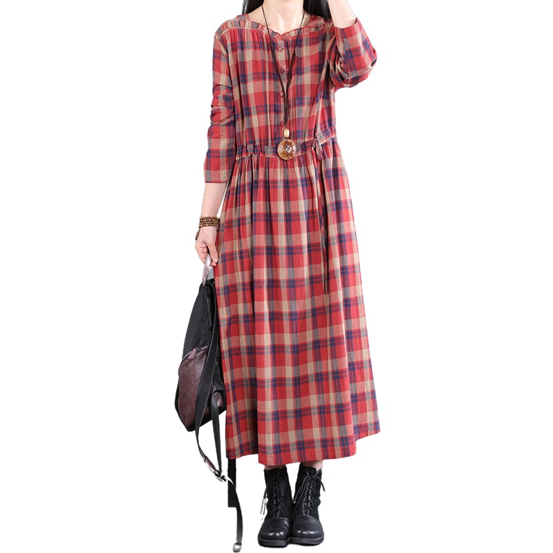 Spring Autumn Women Retro Loose Casual Plaid Dress