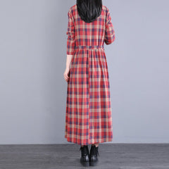 Spring Autumn Women Retro Loose Casual Plaid Dress