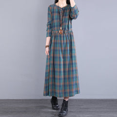 Spring Autumn Women Retro Loose Casual Plaid Dress