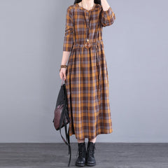 Spring Autumn Women Retro Loose Casual Plaid Dress