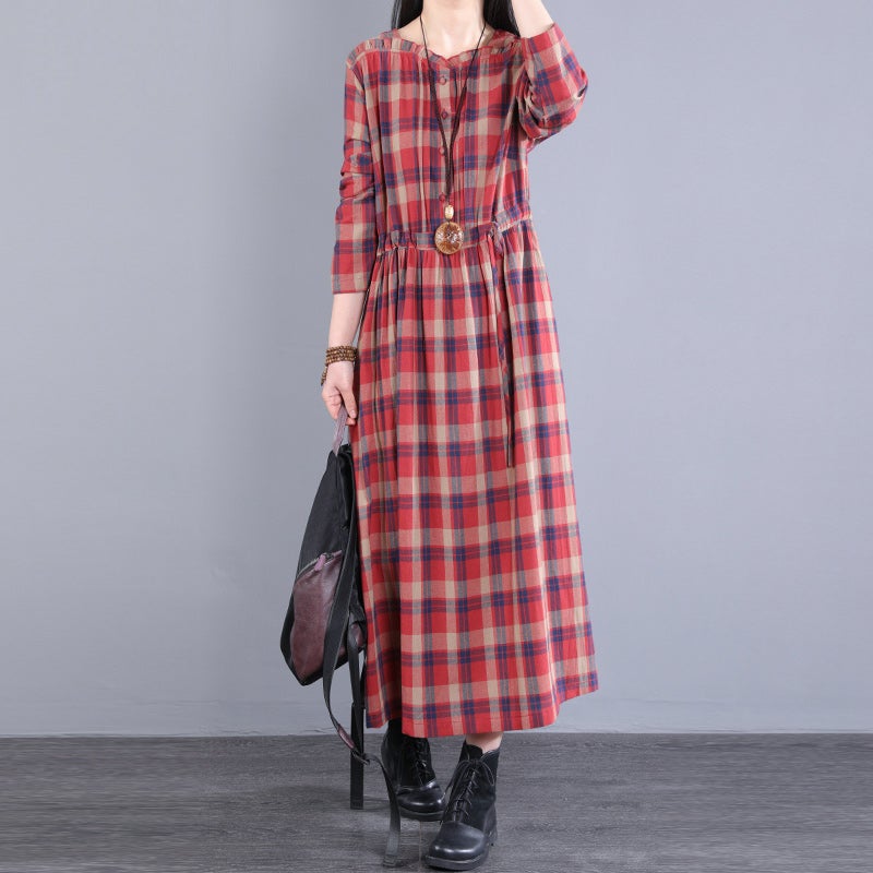 Spring Autumn Women Retro Loose Casual Plaid Dress