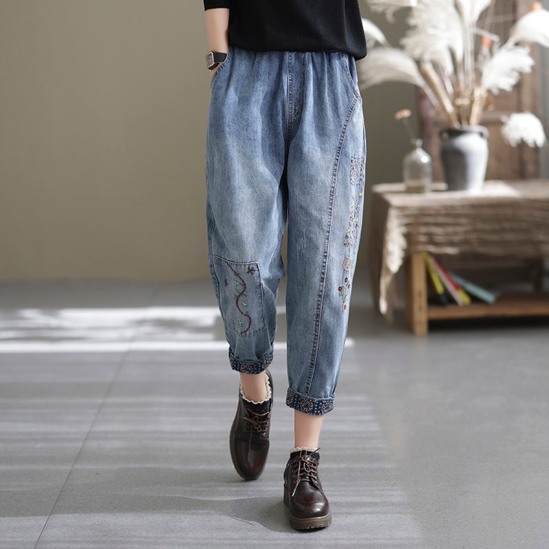 Spring Casual Loose Retro Splicing Embroidery Harem Jeans