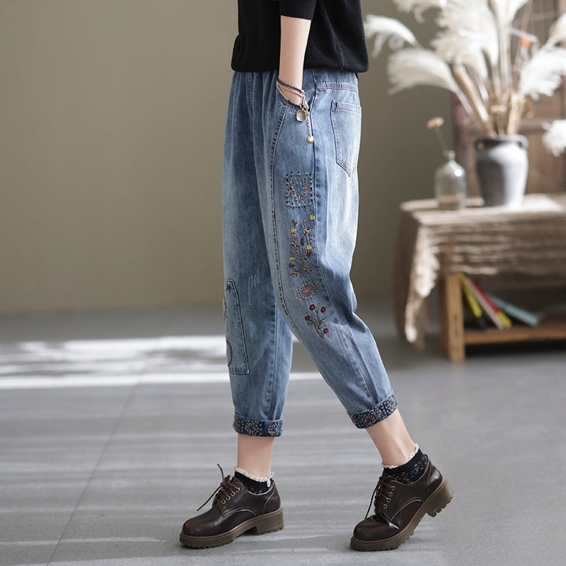 Spring Casual Loose Retro Splicing Embroidery Harem Jeans