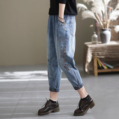 Spring Casual Loose Retro Splicing Embroidery Harem Jeans