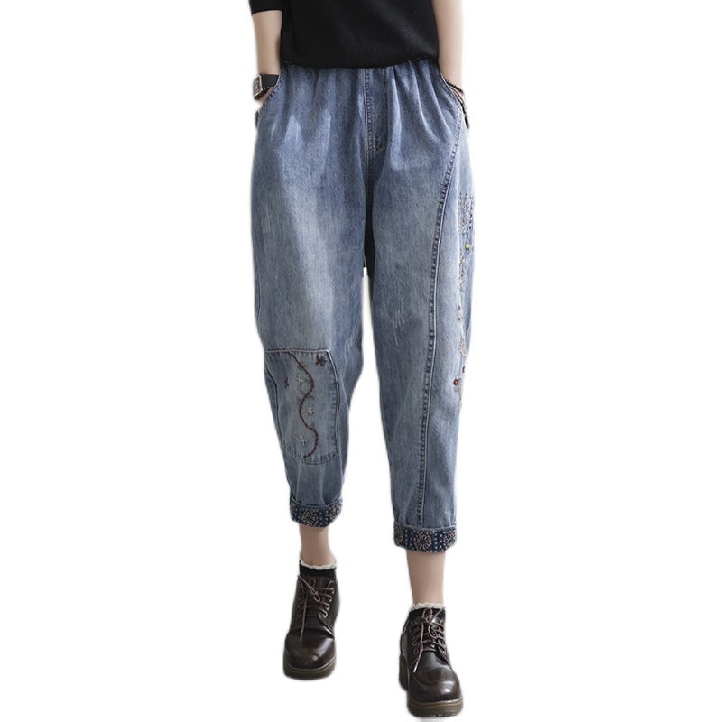 Spring Casual Loose Retro Splicing Embroidery Harem Jeans