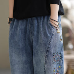 Spring Casual Loose Retro Splicing Embroidery Harem Jeans