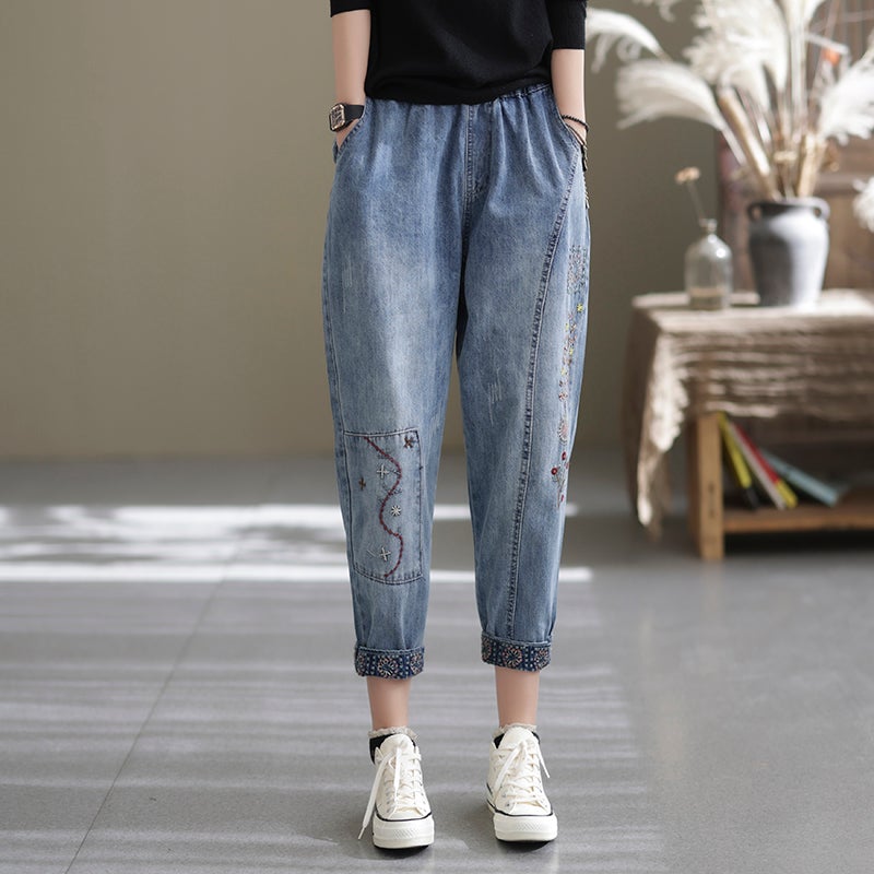 Spring Casual Loose Retro Splicing Embroidery Harem Jeans