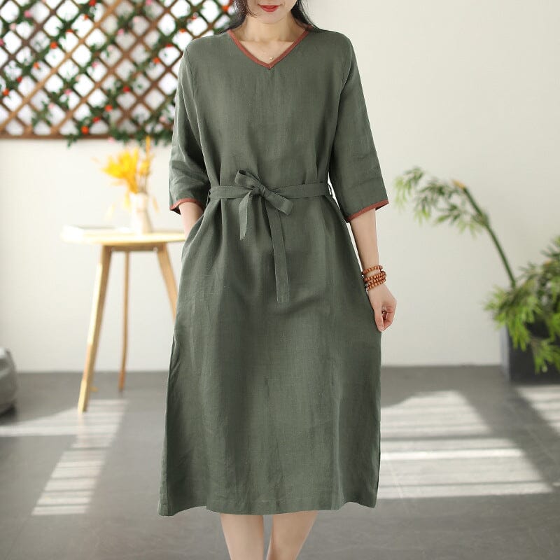 Spring Casual Solid V-neck Linen Dress