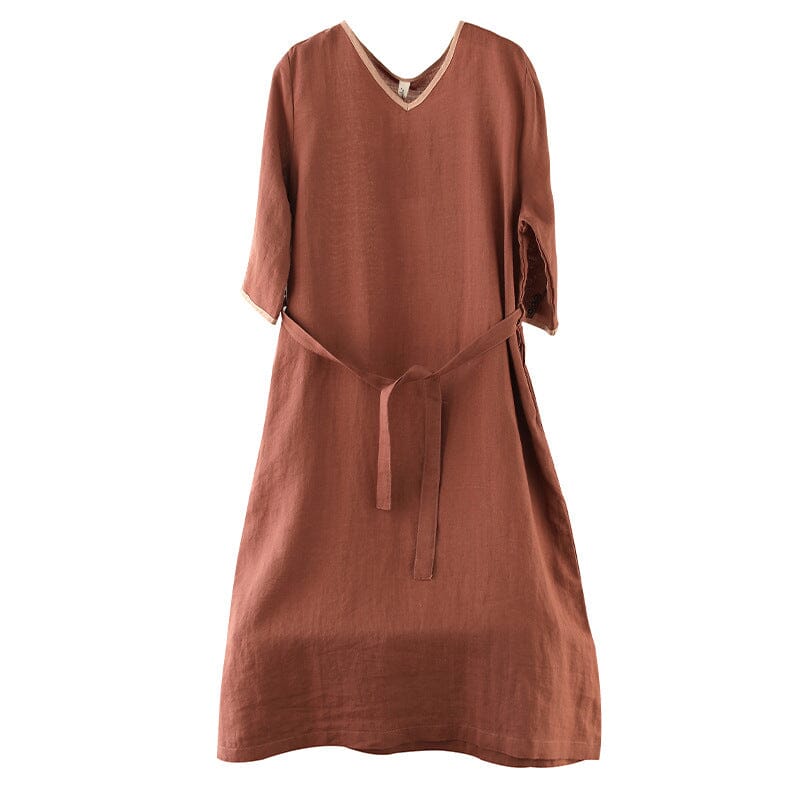 Spring Casual Solid V-neck Linen Dress