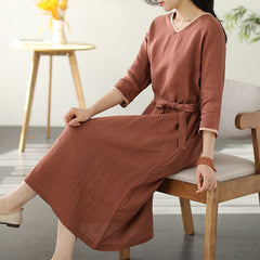 Spring Casual Solid V-neck Linen Dress