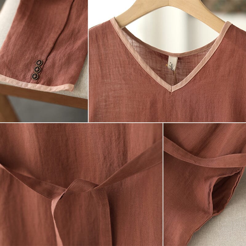 Spring Casual Solid V-neck Linen Dress