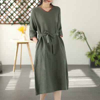 Spring Casual Solid V-neck Linen Dress