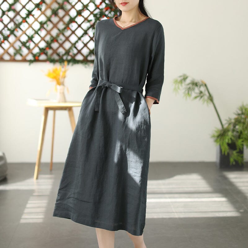 Spring Casual Solid V-neck Linen Dress