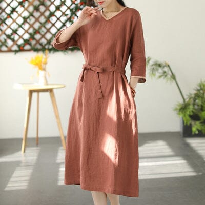 Spring Casual Solid V-neck Linen Dress