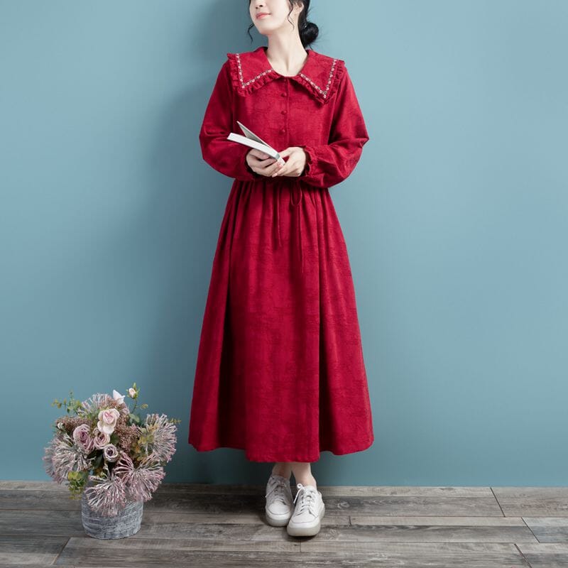 Spring Cotton Linen Long Sleeve Solid Embroidery Dress