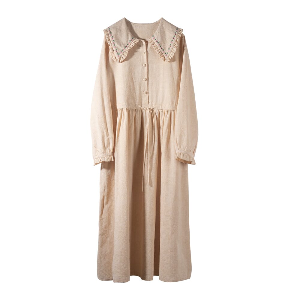 Spring Cotton Linen Long Sleeve Solid Embroidery Dress